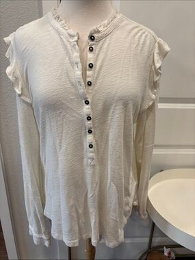 GUC Pilcro Cream Ruffle-Trim Henley Long Sleeve Top